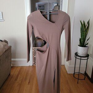 Brown Long Sleeve Dress w/side cut out & side split